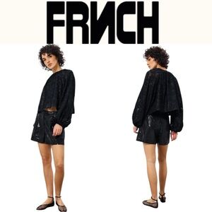 FRNCH PARIS EDMEE BLACK TEXTURED JACQUARD CROPPED BLOUSE WITH BALLOON SLEEVES